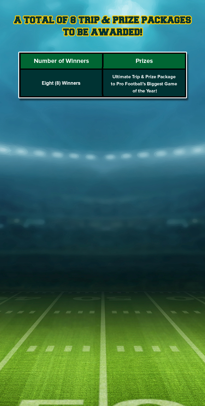 A TOTAL OF 8 TRIP AND PRIZE PACKAGES TO BE AWARDED!